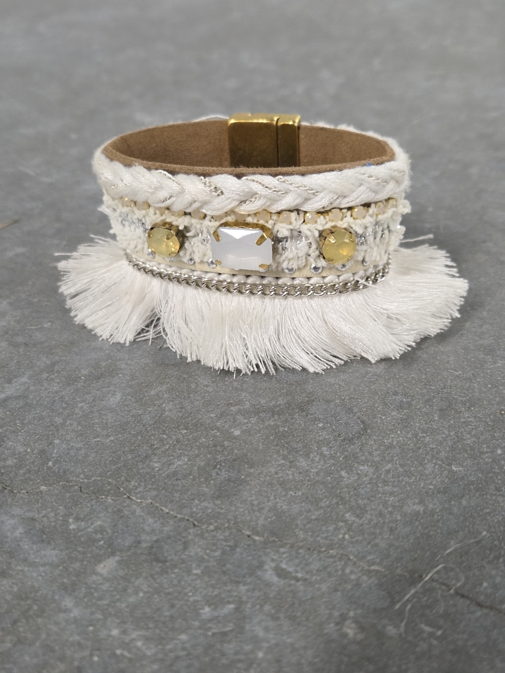 Laura Janelle Boho White Fringe Multi-Row Bracelet Gold Accents 7"